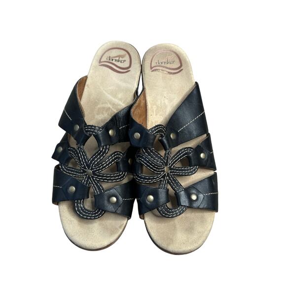 DANSKO Serena Floral Laser Cut Black Leather Heeled Sandals Clogs Women's Size 9 - Picture 1 of 9